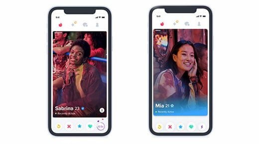 Tinder profile pages on two smartphones showing boosts and super like feature