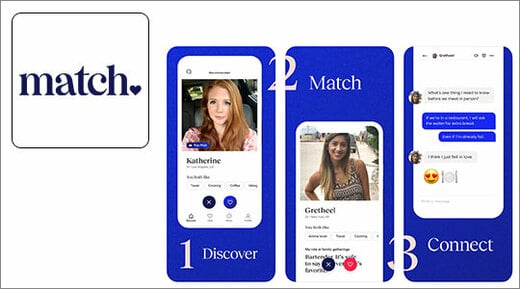 Match dating app logo and smartphone screenshots