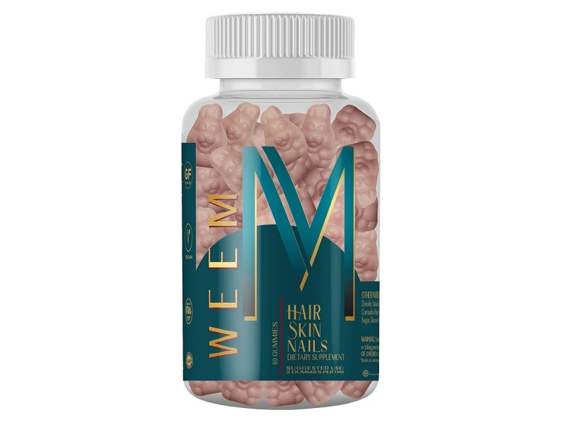 The bottle of the Weem Hair, Skin and Nails Gummies on a white background.